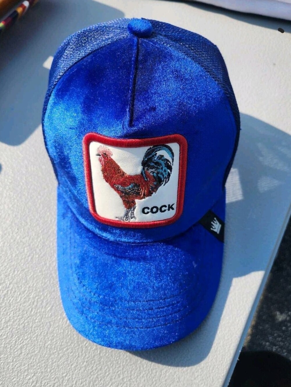 Crown Royal Blue Velvet Trucker Hat with Rooster Patch
